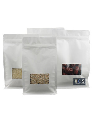 ถุงคราฟท์สีขาวซิปล็อคตั้งได้ พับข้าง ฐานเรียบ มีหน้าต่างสี่เหลี่ยม