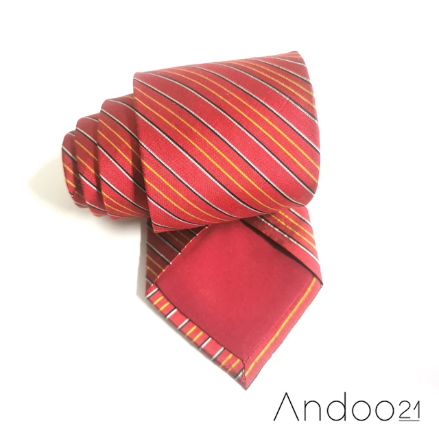 NT388_เนคไทผ้าไหมเทียม สีแดง ลายขวางสีเหลือง-น้ำเงิน-ขาว หน้ากว้าง 3 นิ้ว