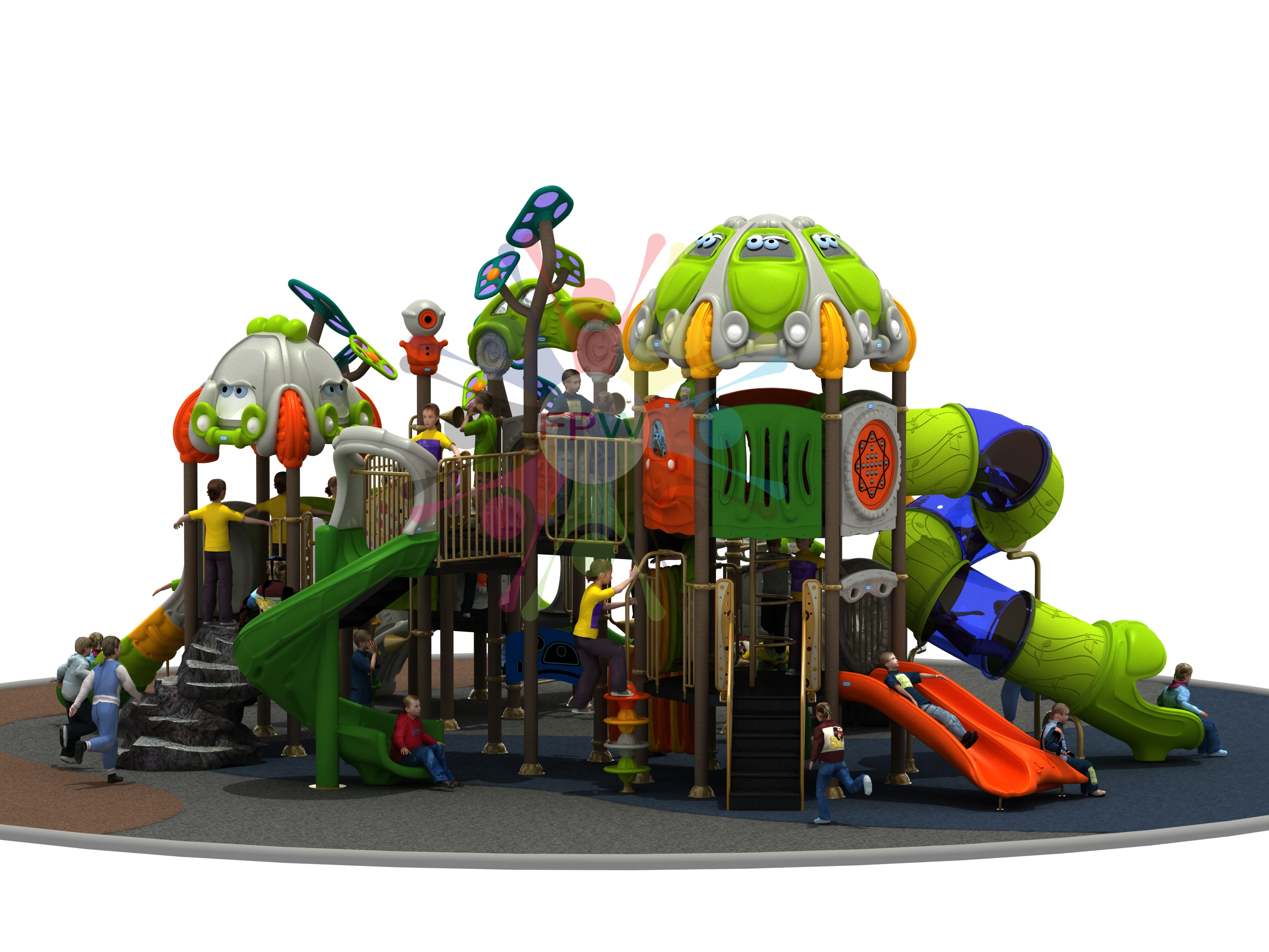 เครื่องเล่นสนามพลาสติกกลางแจ้ง ขนาด 1050x370x520 cm โครงสร้างเสาและชิ้นส่วนเหล็กทุกชิ้นผ่านกระบวนการเคลือบสารป้องกันสนิม ( Galvanized ) ปลอดสารพิษและปลอดภัยต่อเด็กตามมาตรฐาน ASTM ประเทศเกาหลี น๊อตและสกรูเป็นระบบกันคลายและปลายตัดมนป้องกันการขีดข่วนเด็กๆพื้