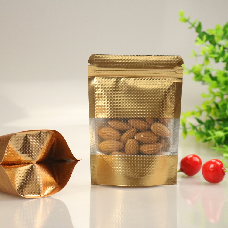 ถุงฟอยล์ซิปล็อคตั้งได้ - ลายตารางสีทอง เปิดช่องหน้าต่างสี่เหลี่ยมใส (เมทัลไลท์)