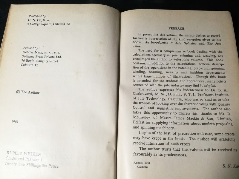 JUTE SPINNING AND WEAVING CALCULATIONS BY S.N. Kar ปกเเข็ง ปี 1961