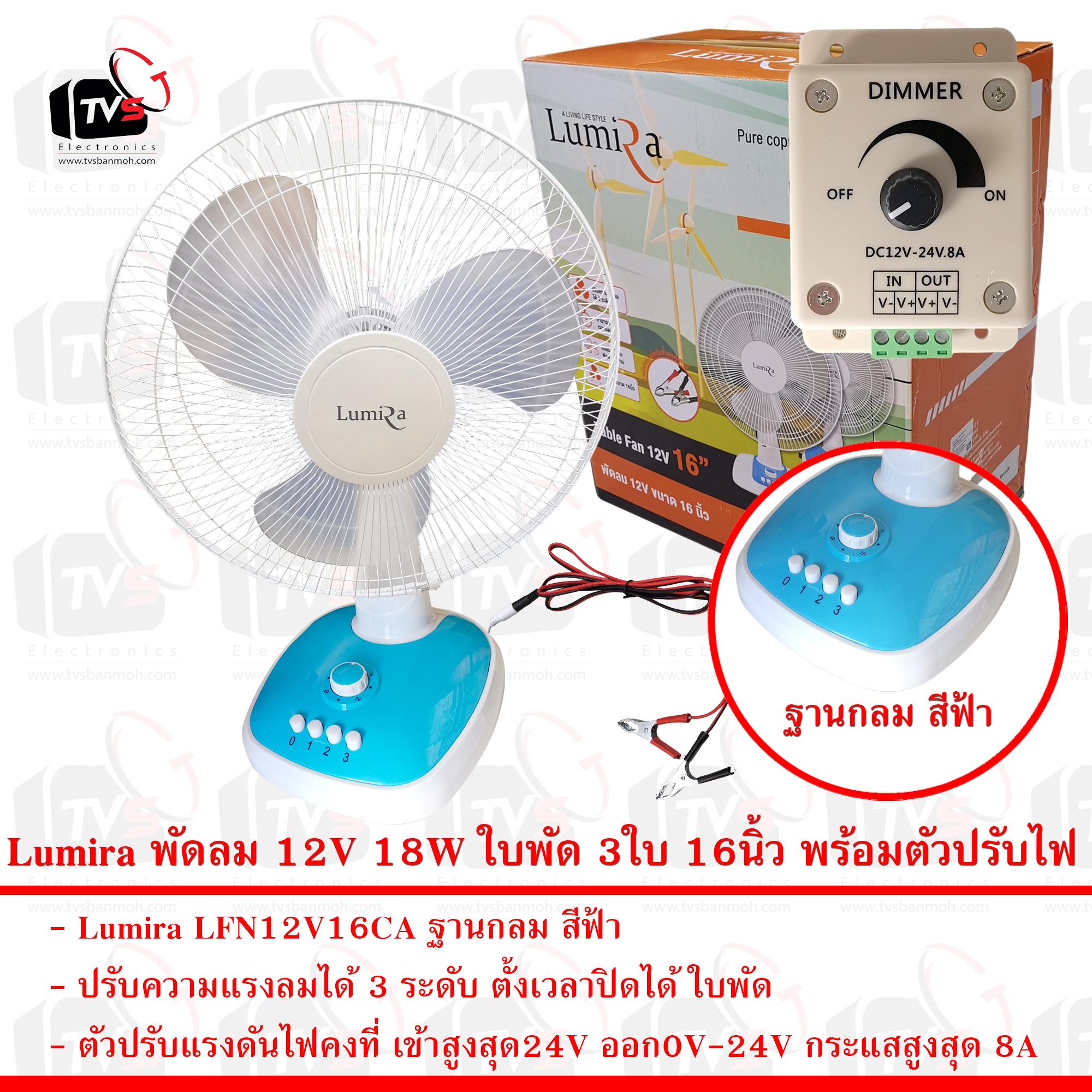 Lumira พัดลม ฐานกลม สีฟ้า 12V 18W LFN12V16CA ใบพัด 3ใบ หน้าพัดลม 16นิ้ว พร้อมตัวปรับแรงดันไฟฟ้าคงที่ 8A