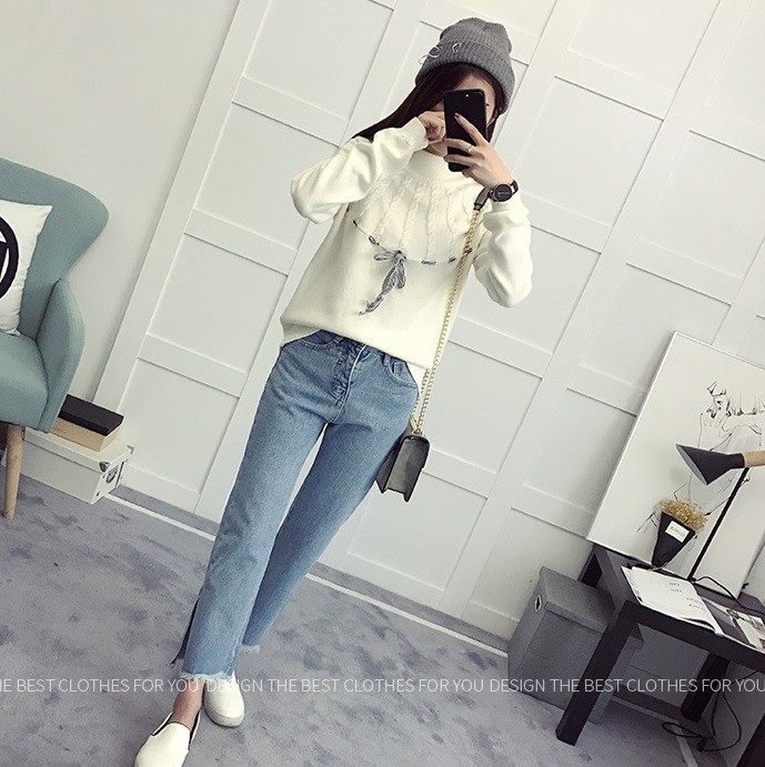 พรีออเดอร์ - เสื้อไหมพรมแขนยาวมีโบว์ผูกน่ารักๆ Pre- ST747 (สีขาว)