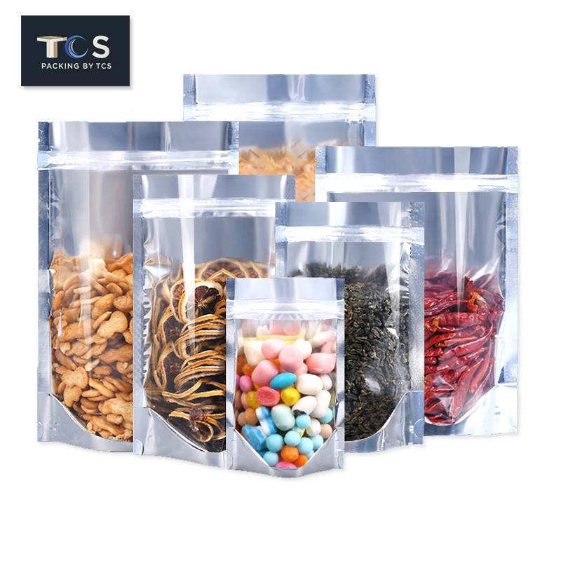 ถุงซิปล็อคหน้าใสหลังฟอยล์ตั้งได้ (ความหนา 160-180 ไมครอน) (เมทัลไลท์)