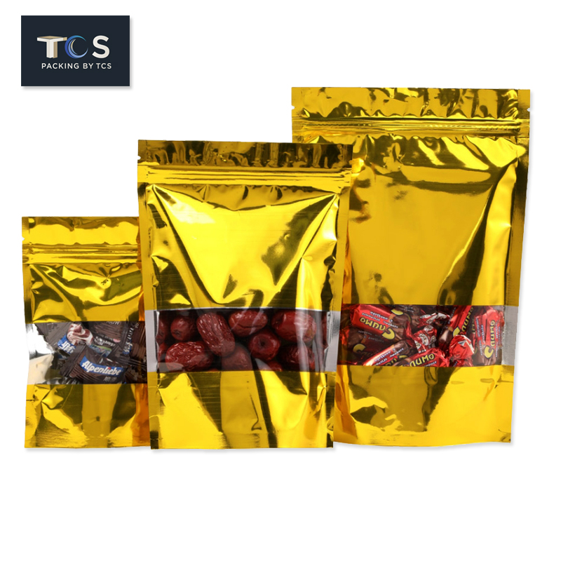 ถุงฟอยล์ซิปล็อคตั้งได้ - ฟอยล์สีทอง หน้าต่างสี่เหลี่ยมใส (เมทัลไลท์)