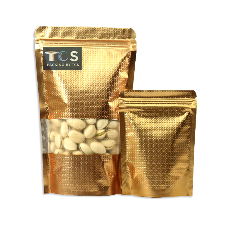 ถุงฟอยล์ซิปล็อคตั้งได้ - ลายตารางสีทอง เปิดช่องหน้าต่างสี่เหลี่ยมใส (เมทัลไลท์)