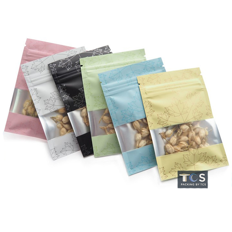 ถุงฟอยล์ลายใบเมเปิ้ลสี หน้าต่างใส ซิปก้นแบน (เมทัลไลท์)