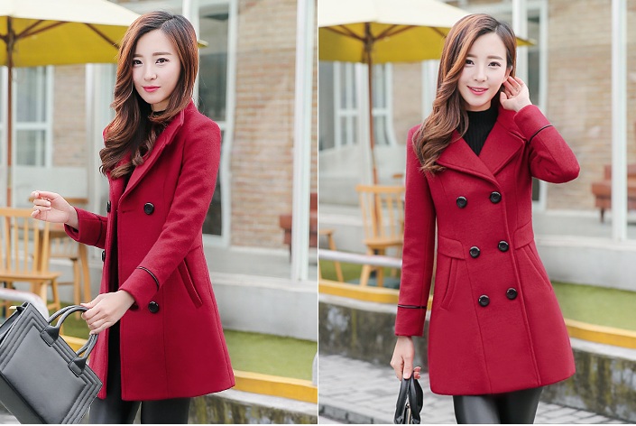 พร้อมส่ง - เสื้อโค้ทผ้าวูลกันหนาว CT145 (สีแดงไวน์)