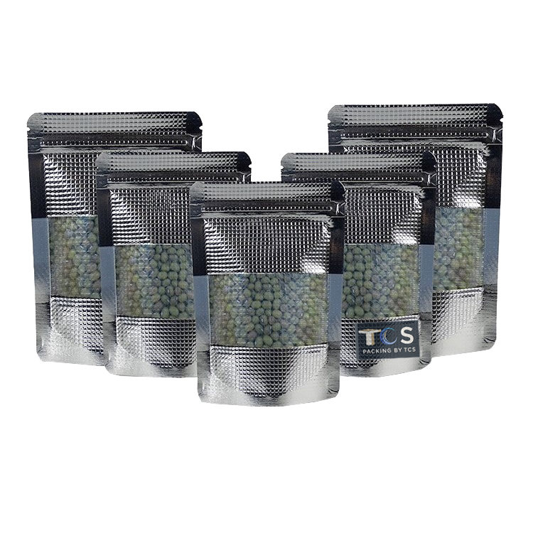 ถุงฟอยล์ซิปล็อคตั้งได้ - ลายตารางสีเงิน เปิดช่องหน้าต่างสี่เหลี่ยมใส (เมทัลไลท์)