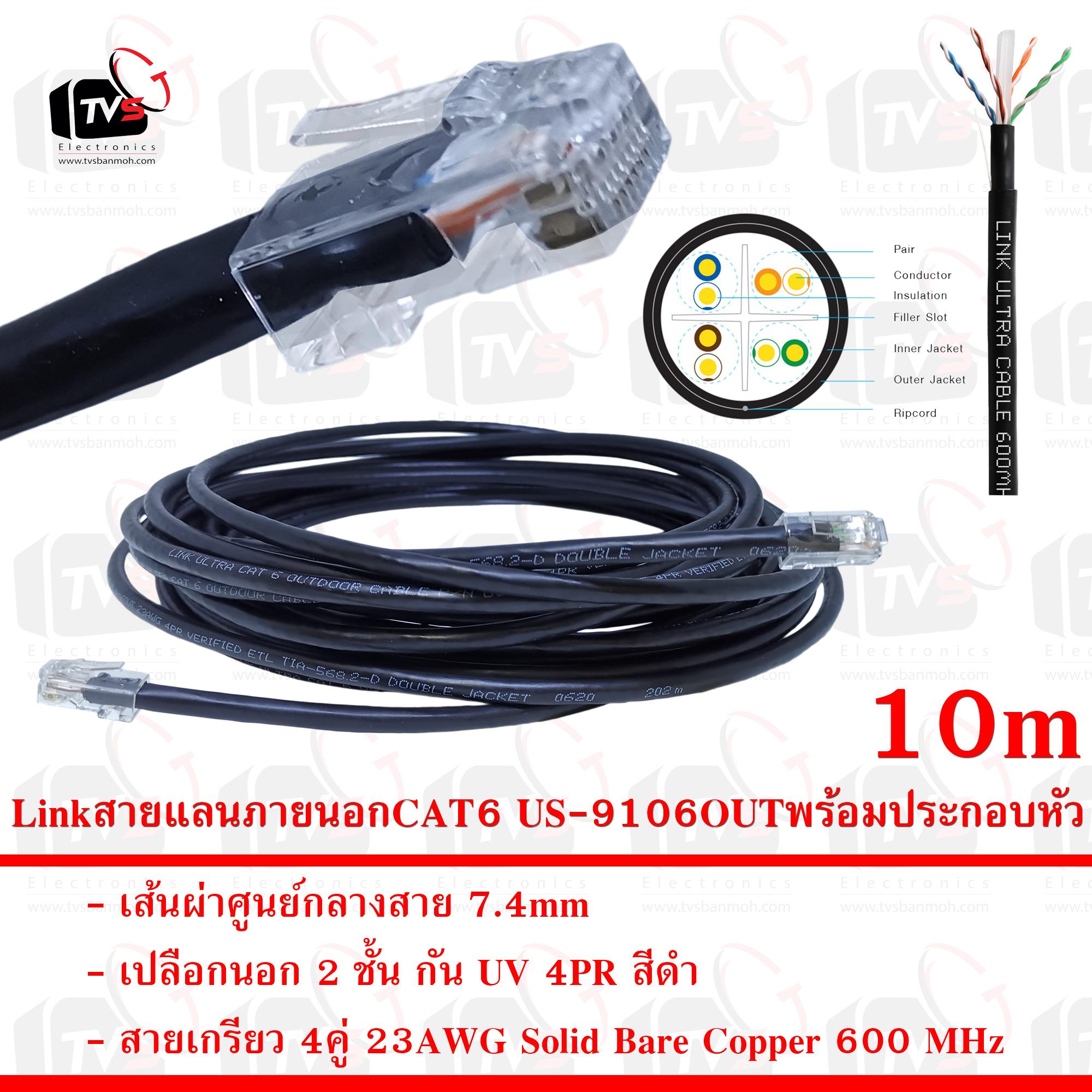 Link สายแลน ภายนอก CAT6 US-9106OUT สายเกรียว 4คู่ 23AWG มีแกนกันสายยุบ เปลือกนอก 2 ชั้น กัน UV 75C สีดำ 10m พร้อมประกอบหัว