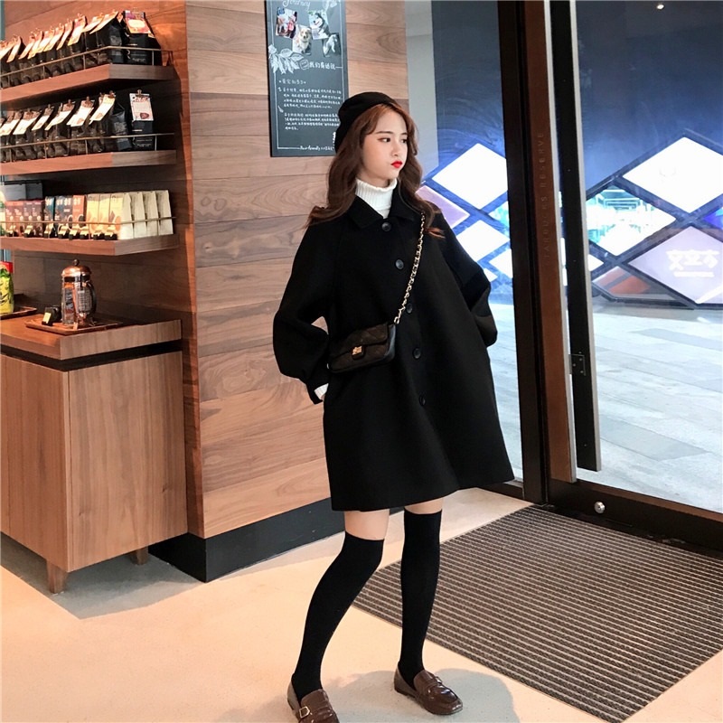พร้อมส่ง - เสื้อโค้ทผ้าวูลทรงหลวมสไตล์เกาหลี CT231 (สีดำ)