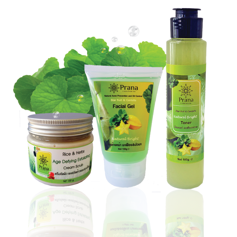[สิว ฝ้า กระ รอยดำ] Prana Nature Care เซตเจลล้างหน้า สครับมาส์ก โทนเนอร์-เอสเซนส์/น้ำตบ (3ชิ้น)