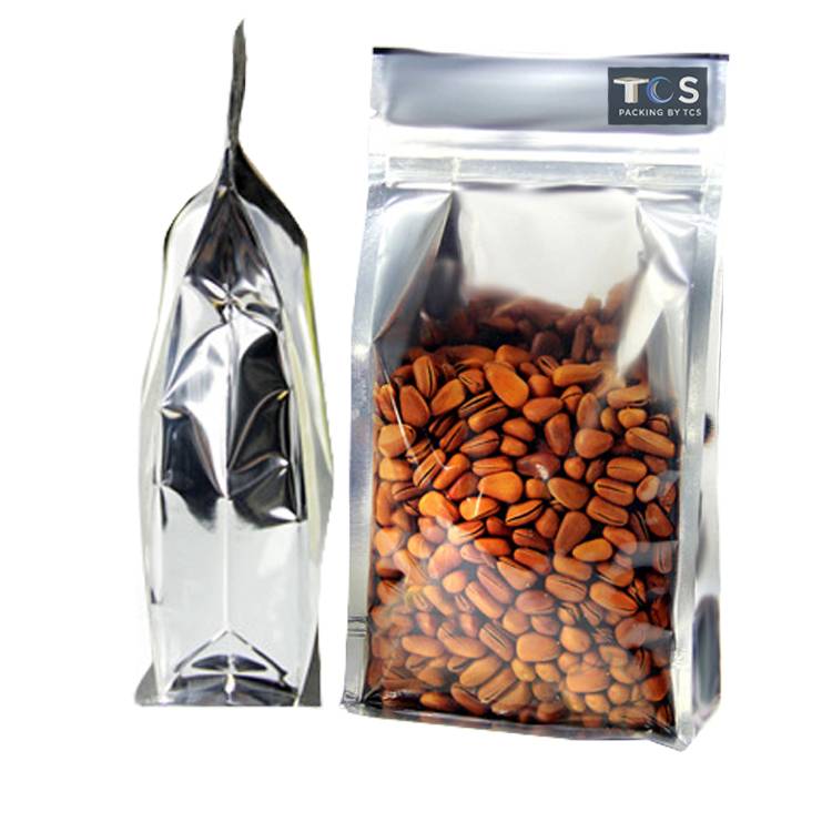 ถุงฟอยล์ซิปล็อคตั้งได้ หน้าใส หลังฟอยล์ พับข้าง ฐานเรียบ (เมทัลไลท์)