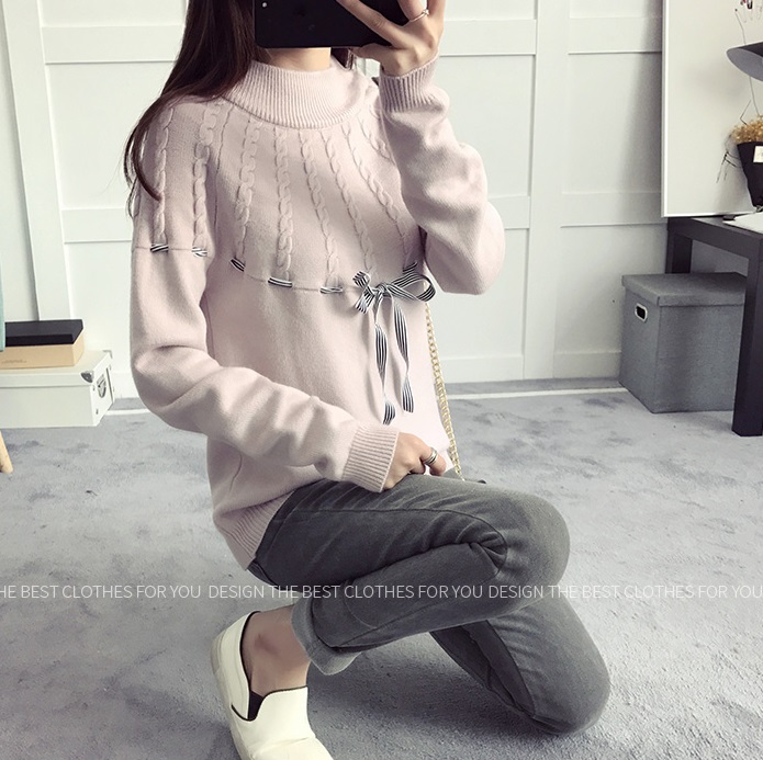 พรีออเดอร์ - เสื้อไหมพรมแขนยาวมีโบว์ผูกน่ารักๆ Pre- ST749 (สีชมพู)