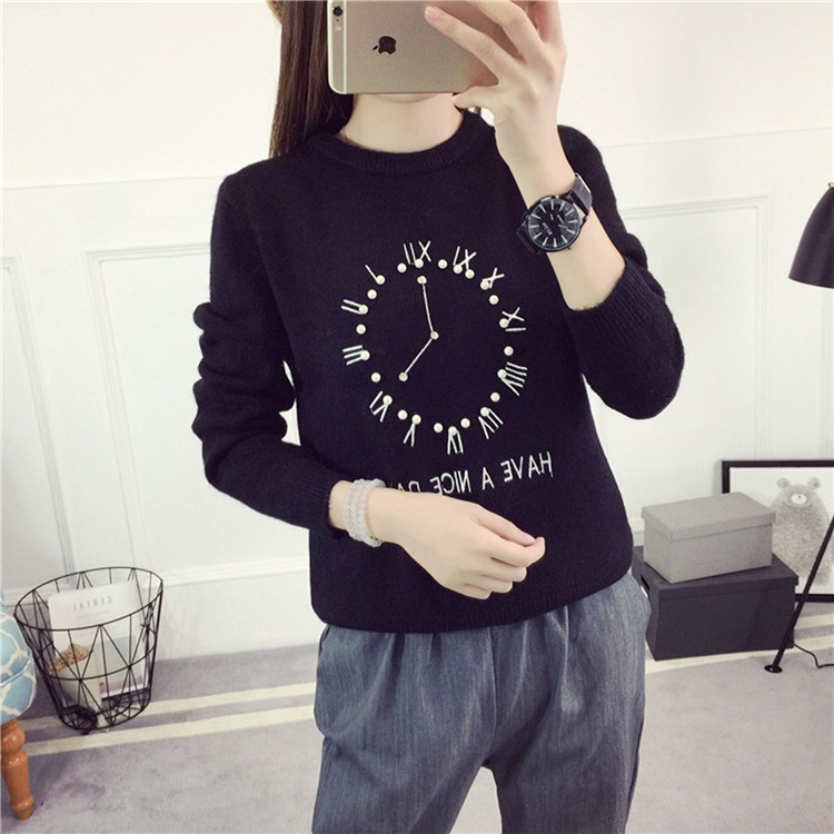 พรีออเดอร์ - เสื้อไหมพรมแฟชั่นลายนาฬิกา Pre- ST727 (สีดำ)