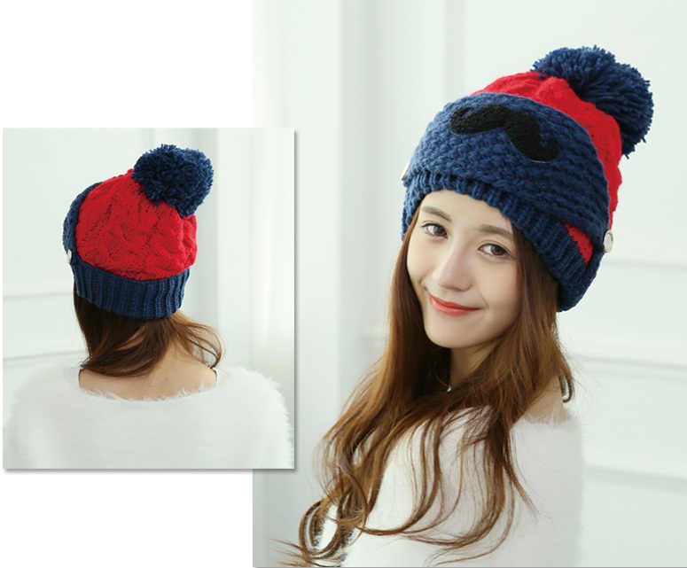 พร้อมส่ง - หมวกไหมพรม HT114 (สีแดงน้ำเงิน)
