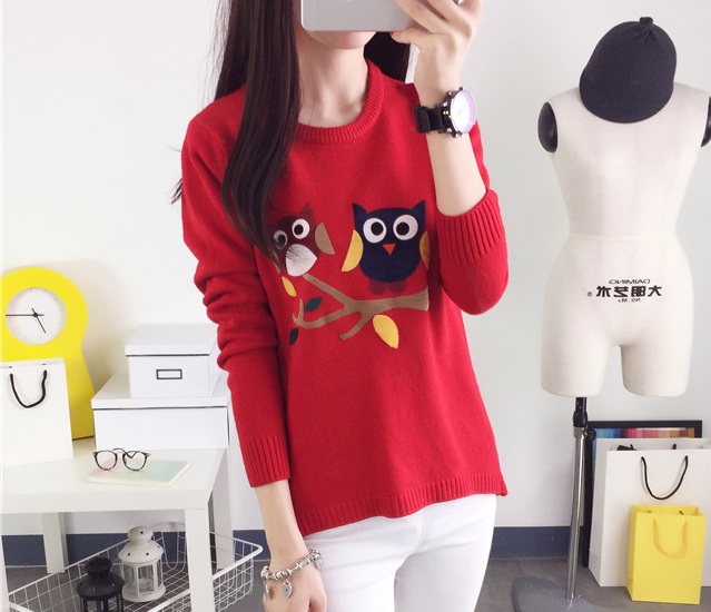 พรีออเดอร์ - เสื้อไหมพรมลายนกฮูกแขนยาว Pre - ST650 (สีแดง)