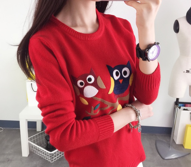 พรีออเดอร์ - เสื้อไหมพรมลายนกฮูกแขนยาว Pre - ST650 (สีแดง)