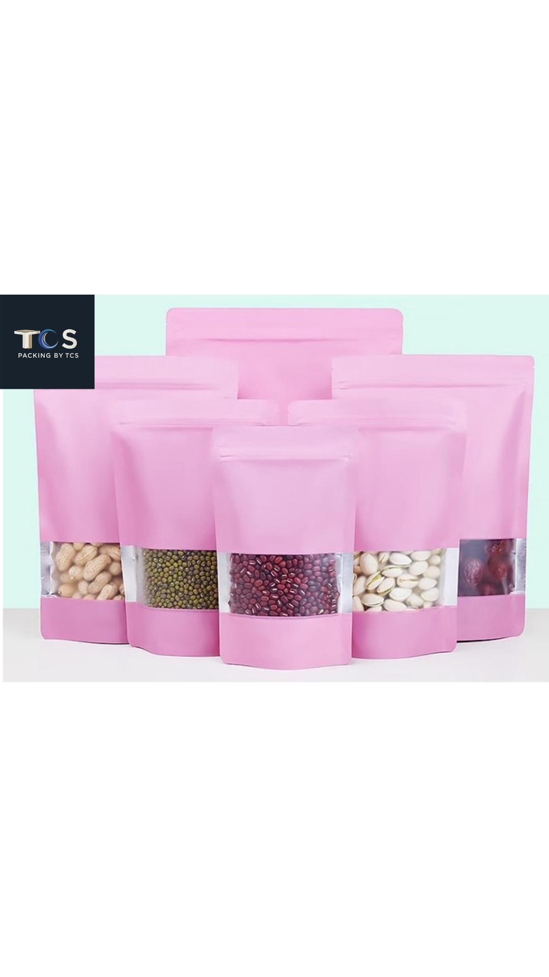 ถุงฟอยล์หน้าต่างสี่เหลี่ยมใส ซิปตั้งได้ สีชมพู/เขียวอ่อน/เบจ