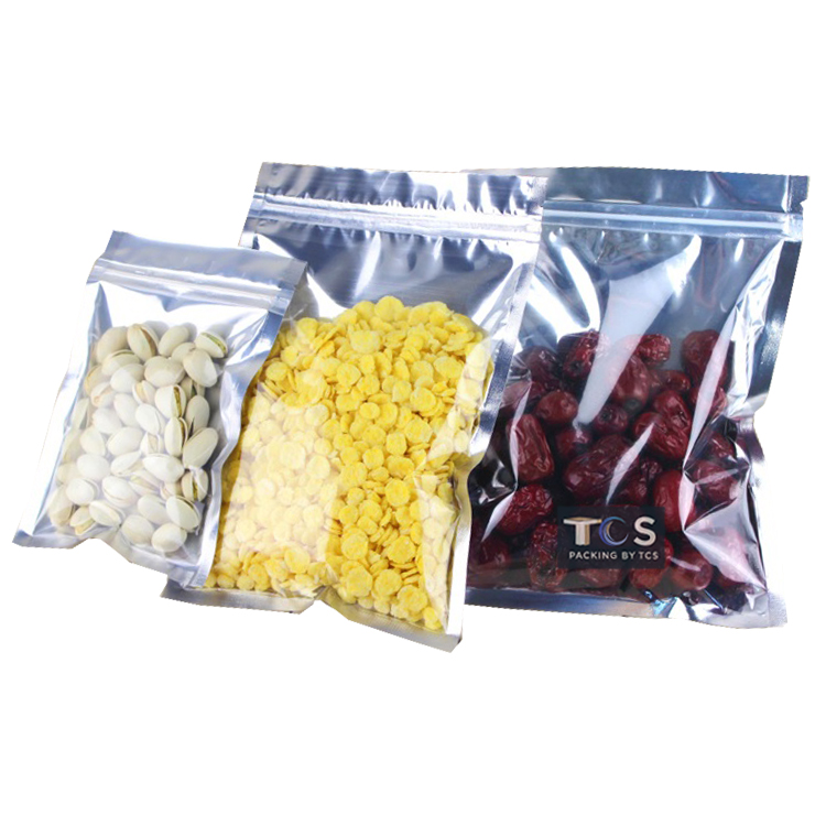 ถุงฟอยล์ซิปล็อคตั้งไม่ได้ (ก้นแบน) - หน้าใส หลังฟอยล์ (เมทัลไลท์)