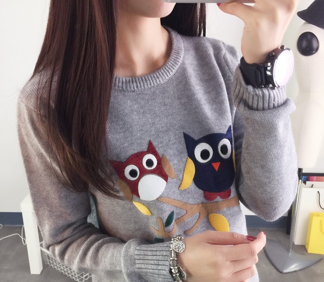 พรีออเดอร์ - เสื้อไหมพรมลายนกฮูกแขนยาว Pre - ST653 (สีเทา)