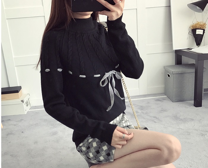 พรีออเดอร์ - เสื้อไหมพรมแขนยาวมีโบว์ผูกน่ารักๆ Pre- ST745 (สีดำ)