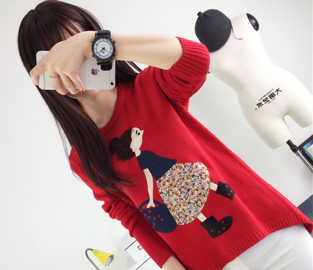 พรีออเดอร์ - เสื้อไหมพรมแฟชั่นลายการ์ตูนเด็กผู้หญิง Pre- ST658 (สีแดง)