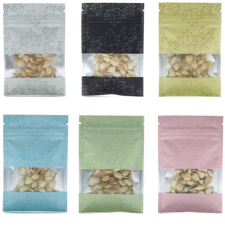 ถุงฟอยล์ลายใบเมเปิ้ลสี หน้าต่างใส ซิปก้นแบน (เมทัลไลท์)