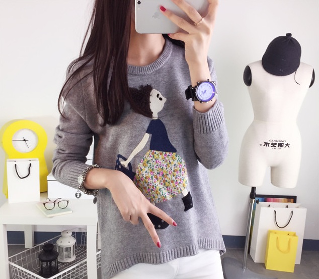 พรีออเดอร์ - เสื้อไหมพรมแฟชั่นลายการ์ตูนเด็กผู้หญิง Pre- ST657 (สีเทา)