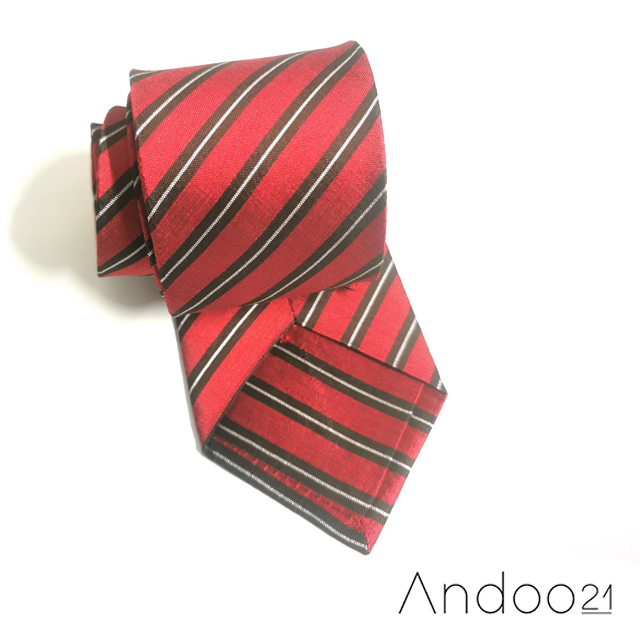 NT389_เนคไทผ้าไหมเทียม สีแดง ลายขวางสีดำ-ขาว หน้ากว้าง 3 นิ้ว