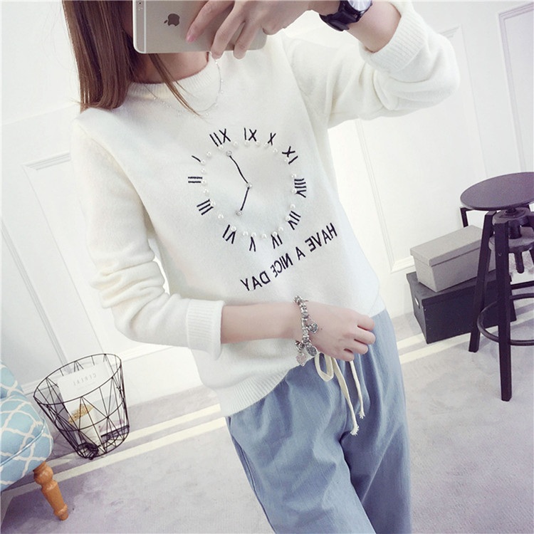 พรีออเดอร์ - เสื้อไหมพรมแฟชั่นลายนาฬิกา Pre- ST725 (สีขาว)