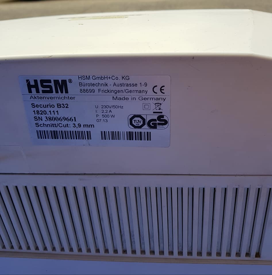 เครื่องทำลายเอกสาร HSM Securio B32 มือสอง