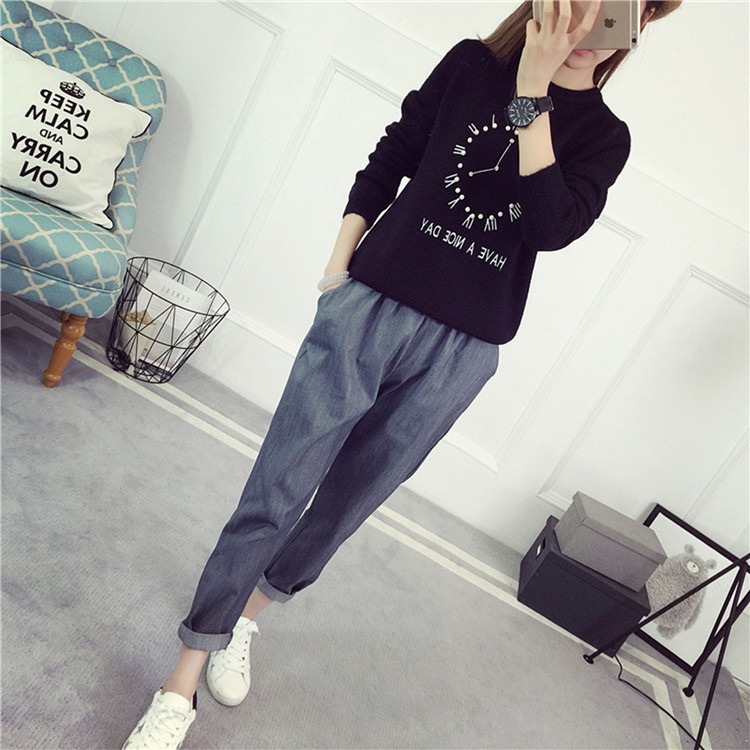 พรีออเดอร์ - เสื้อไหมพรมแฟชั่นลายนาฬิกา Pre- ST727 (สีดำ)