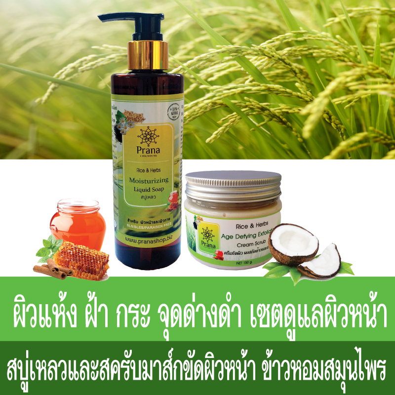 [ผิวหน้าแห้ง หมองคล้ำ] Prana Facial Liquid Soap and Scrub Mask สบู่เหลว และสครับมาส์ก สูตรอ่อนโยนข้าวและสมุนไพร (2 ชิ้น)