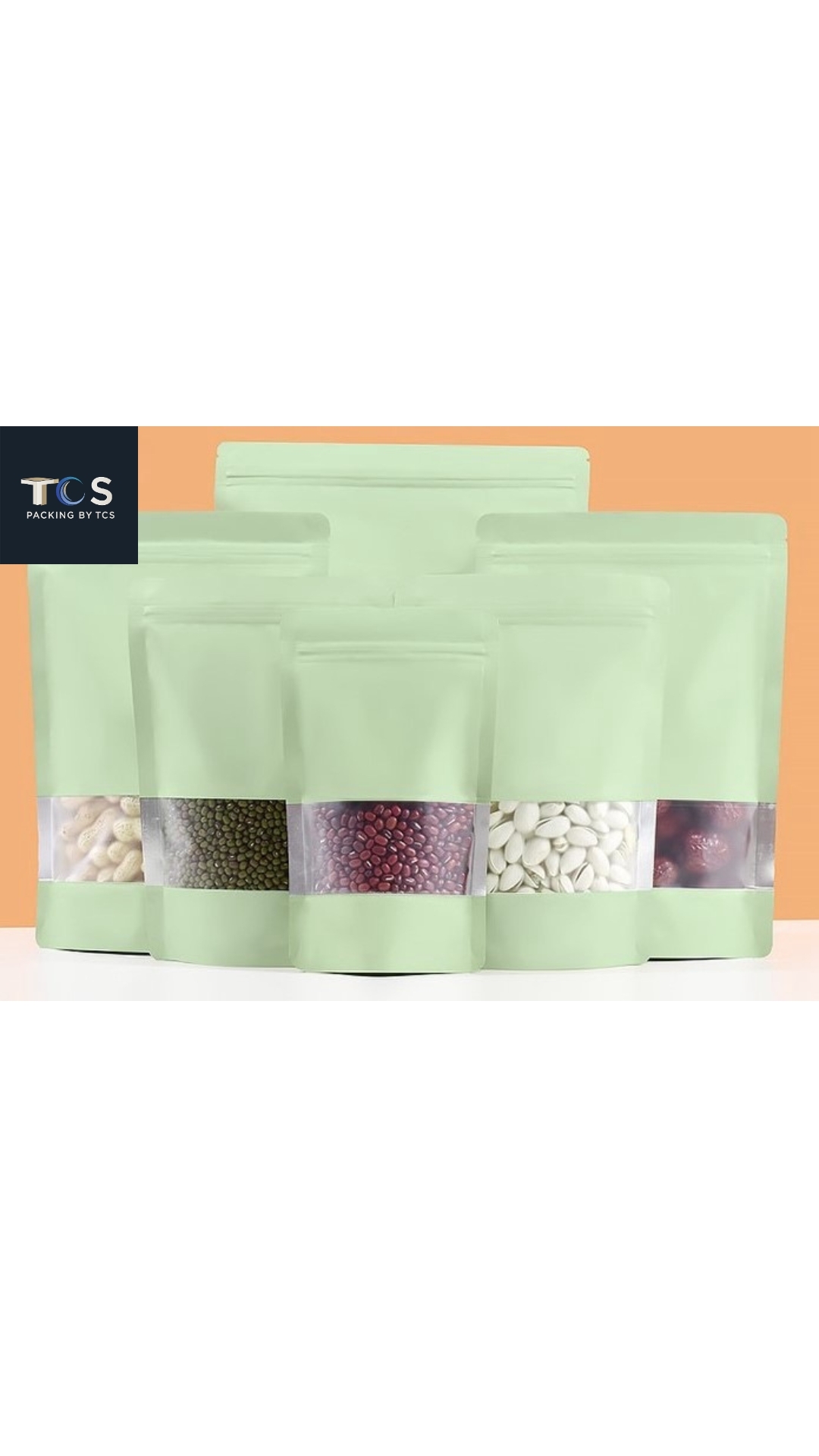 ถุงฟอยล์หน้าต่างสี่เหลี่ยมใส ซิปตั้งได้ สีชมพู/เขียวอ่อน/เบจ