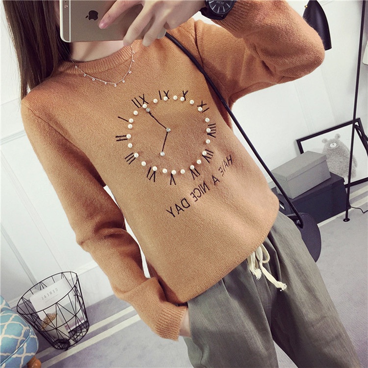 พรีออเดอร์ - เสื้อไหมพรมแฟชั่นลายนาฬิกา Pre- ST726 (สีน้ำตาล)