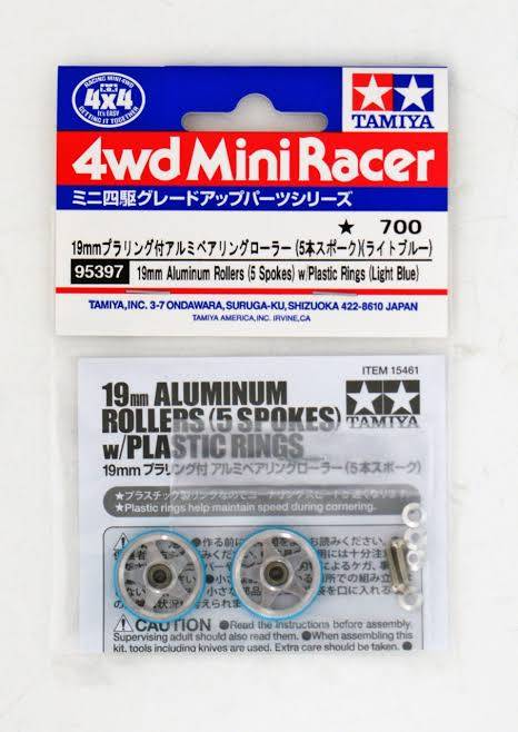 19mm Aluminum Rollers (5 Spokes) w/Plastic Rings (Light Blue)