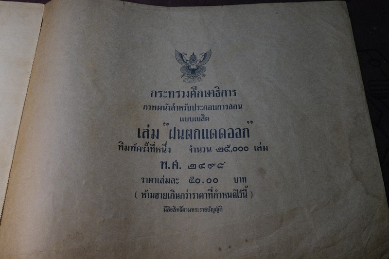 คู่มือครูชั้นประถมปีทีหนึ่ง ของ กระทรวงศึกษาธิการ ภาพผนัง สำหรับหนังสือ "ฝนตกแดดออก” ปี 2498