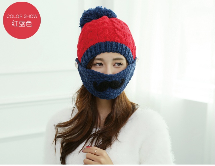 พร้อมส่ง - หมวกไหมพรม HT114 (สีแดงน้ำเงิน)