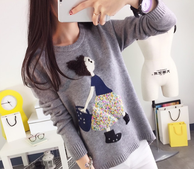 พรีออเดอร์ - เสื้อไหมพรมแฟชั่นลายการ์ตูนเด็กผู้หญิง Pre- ST657 (สีเทา)