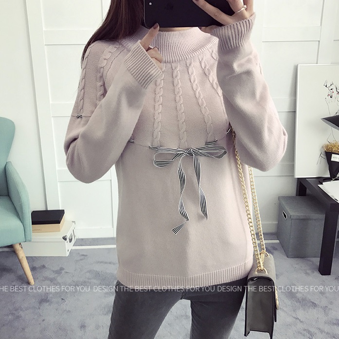 พรีออเดอร์ - เสื้อไหมพรมแขนยาวมีโบว์ผูกน่ารักๆ Pre- ST749 (สีชมพู)