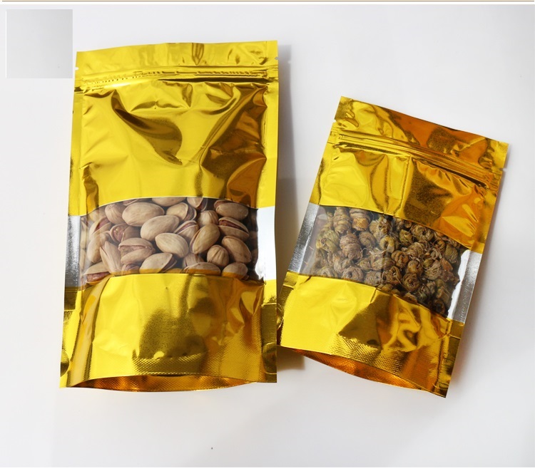 ถุงฟอยล์ซิปล็อคตั้งได้ - ฟอยล์สีทอง หน้าต่างสี่เหลี่ยมใส (เมทัลไลท์)