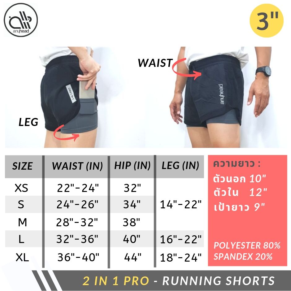 กางเกง 2 ชั้น รุ่น 2 in 1 Pro | กระชับกล้ามเนื้อ แบบสั้น ( Short , 3" )