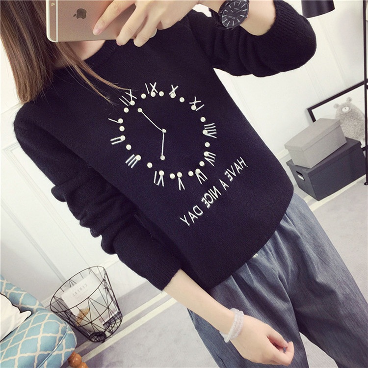 พรีออเดอร์ - เสื้อไหมพรมแฟชั่นลายนาฬิกา Pre- ST727 (สีดำ)