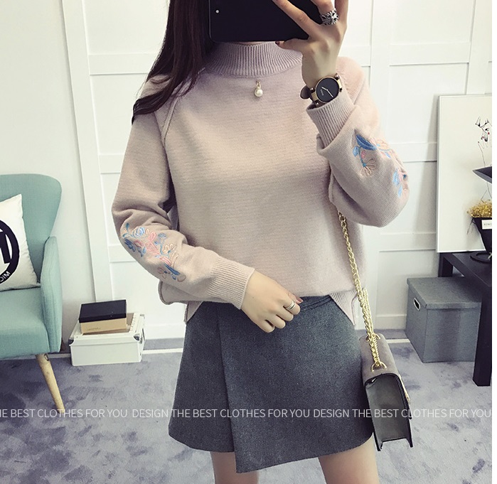 พร้อมส่ง - เสื้อไหมพรมแขนยาวมีลายปักที่แขนเสื้อน่ารักๆ ST753 (สีชมพู)