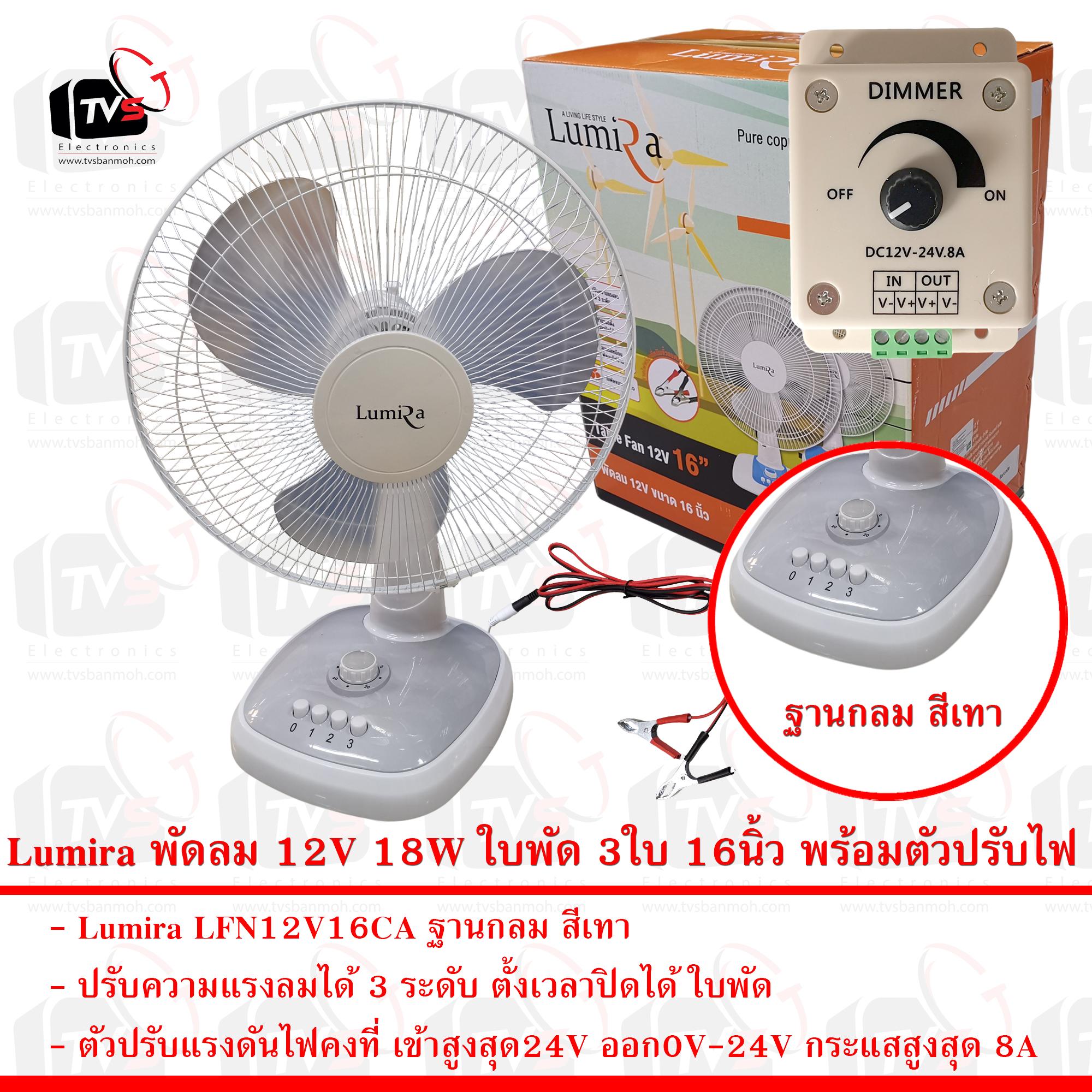 Lumira พัดลม ฐานกลม สีเทา 12V 18W LFN12V16CA ใบพัด 3ใบ หน้าพัดลม 16นิ้ว พร้อมตัวปรับแรงดันไฟฟ้าคงที่ 8A