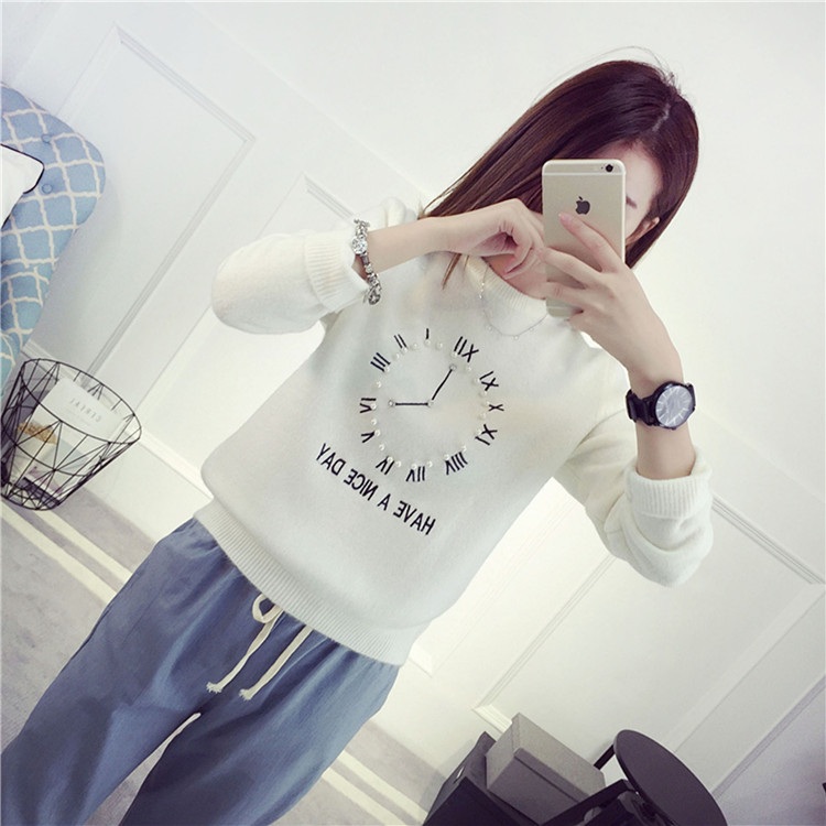 พรีออเดอร์ - เสื้อไหมพรมแฟชั่นลายนาฬิกา Pre- ST725 (สีขาว)