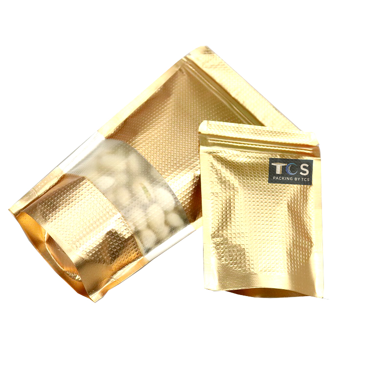 ถุงฟอยล์ซิปล็อคตั้งได้ - ลายตารางสีทอง เปิดช่องหน้าต่างสี่เหลี่ยมใส (เมทัลไลท์)