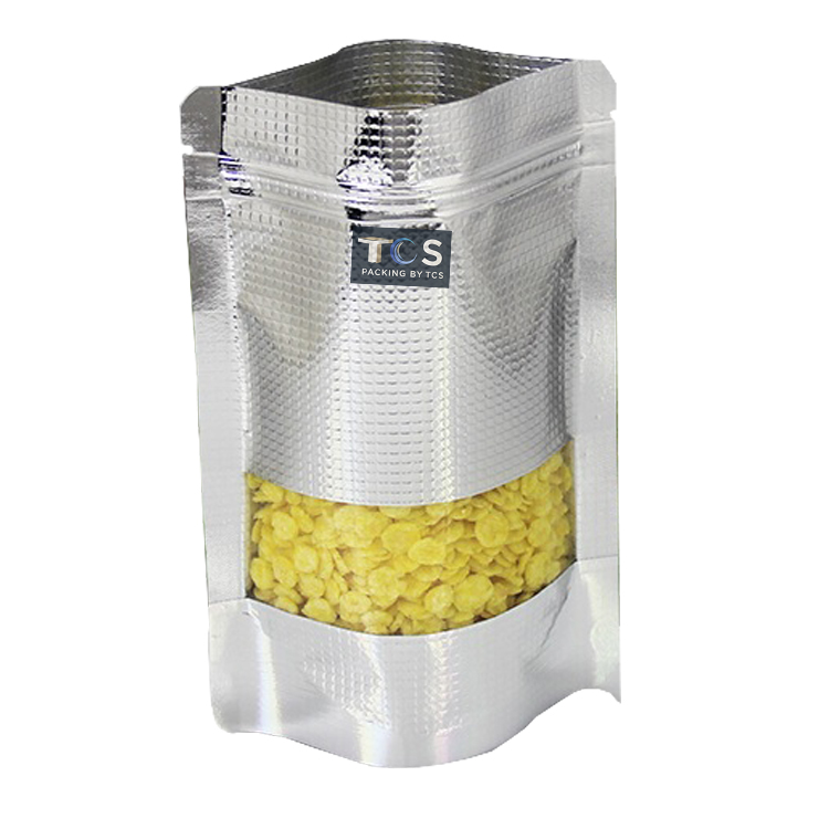 ถุงฟอยล์ซิปล็อคตั้งได้ - ลายตารางสีเงิน เปิดช่องหน้าต่างสี่เหลี่ยมใส (เมทัลไลท์)