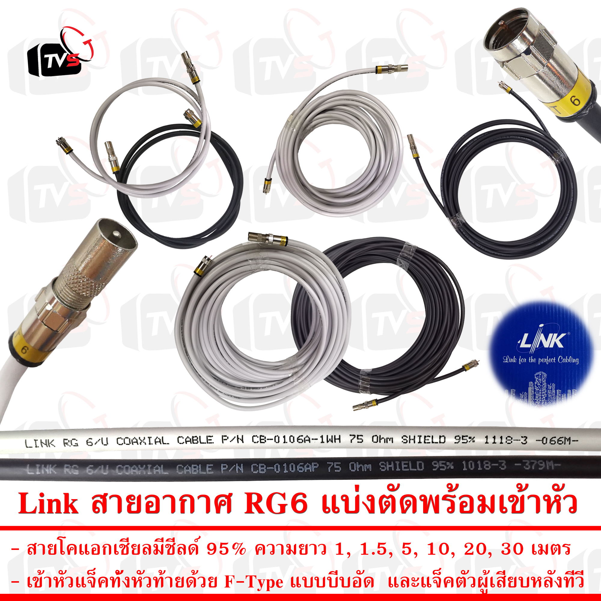 Link สายอากาศ สายโคแอกเชียล RG-6 มีชีลด์ 95% แบบตัดพร้อมเข้าหัว
